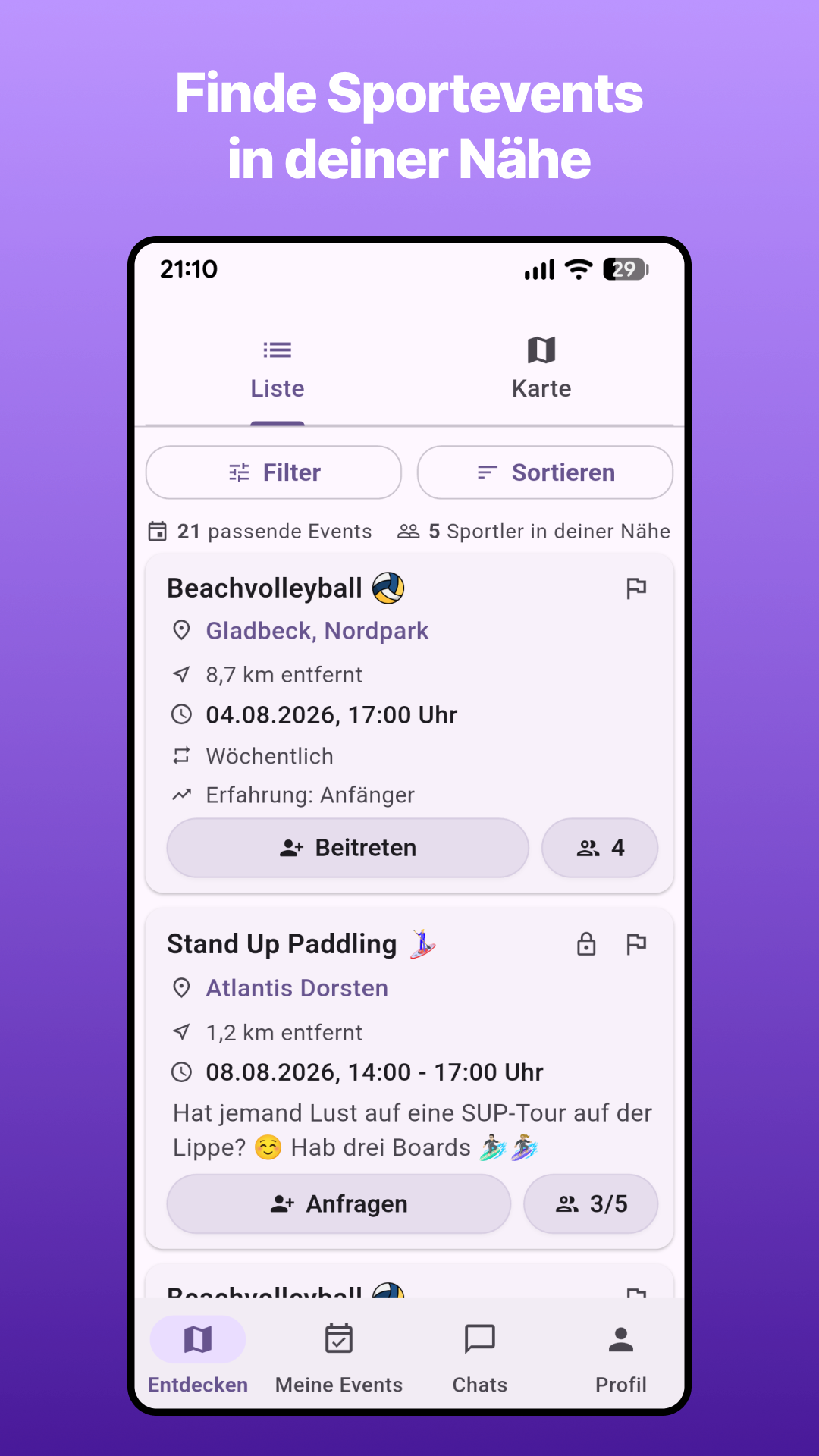 Eventliste mit Filtern, Sortierung und passenden Sportevents