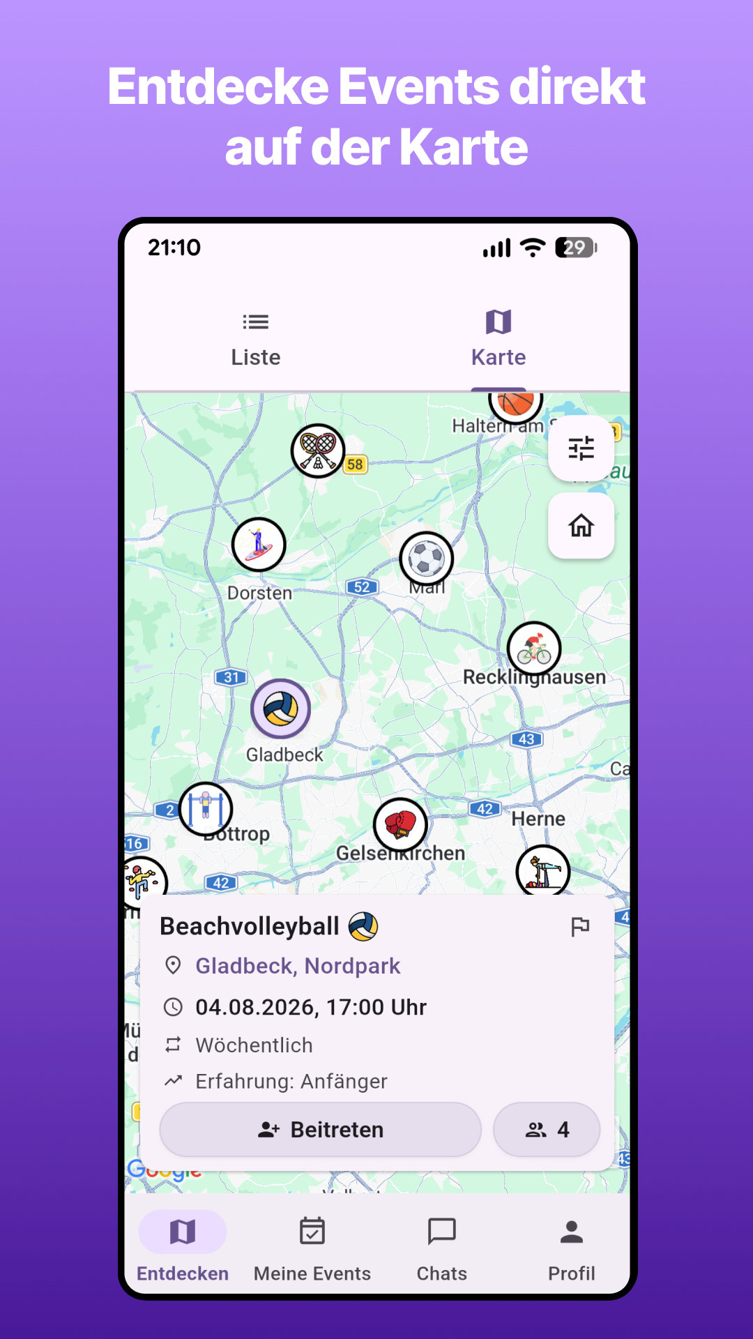 Kartenansicht mit Sportevents in der Nähe
