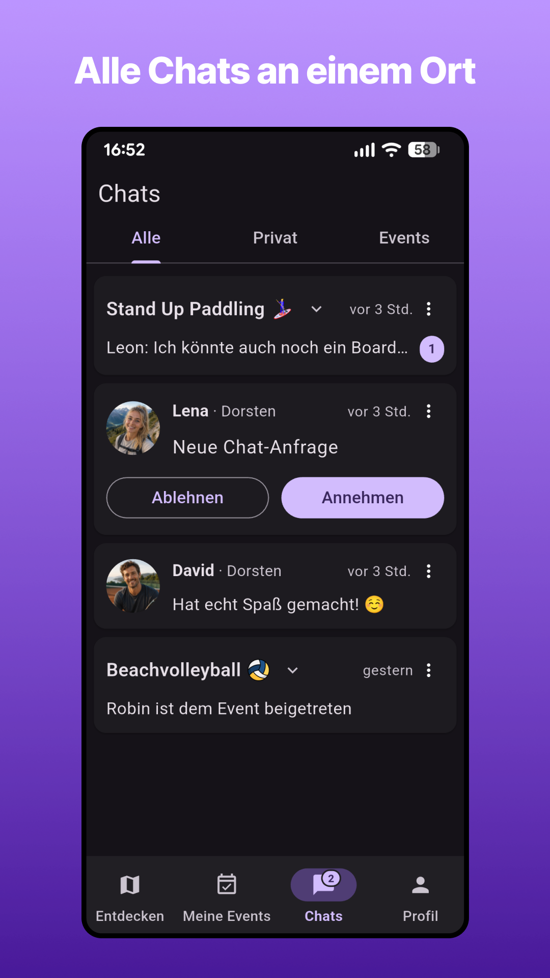 Übersicht privater Chats und Eventchats