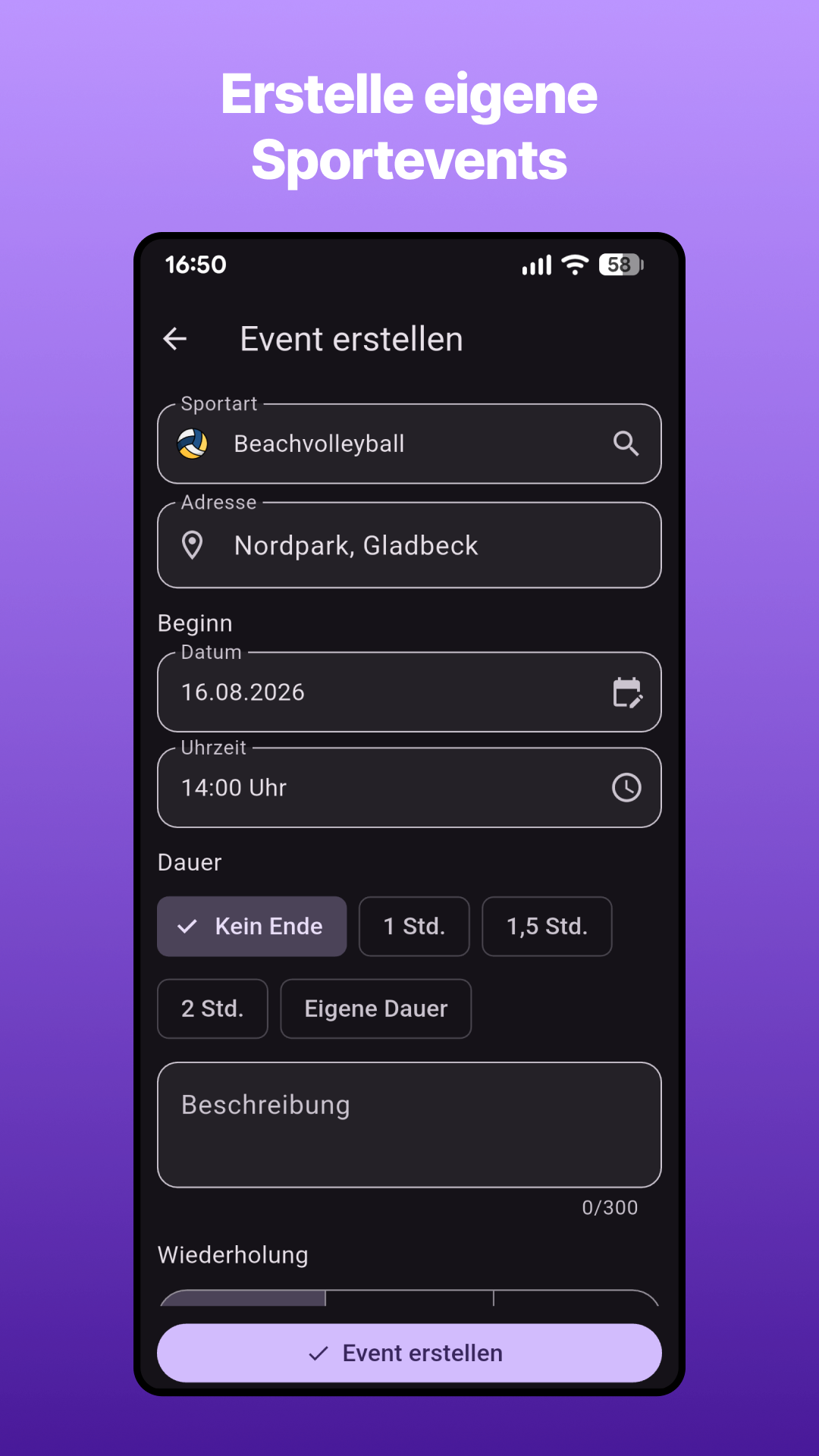 Formular zum Erstellen eines eigenen Sportevents