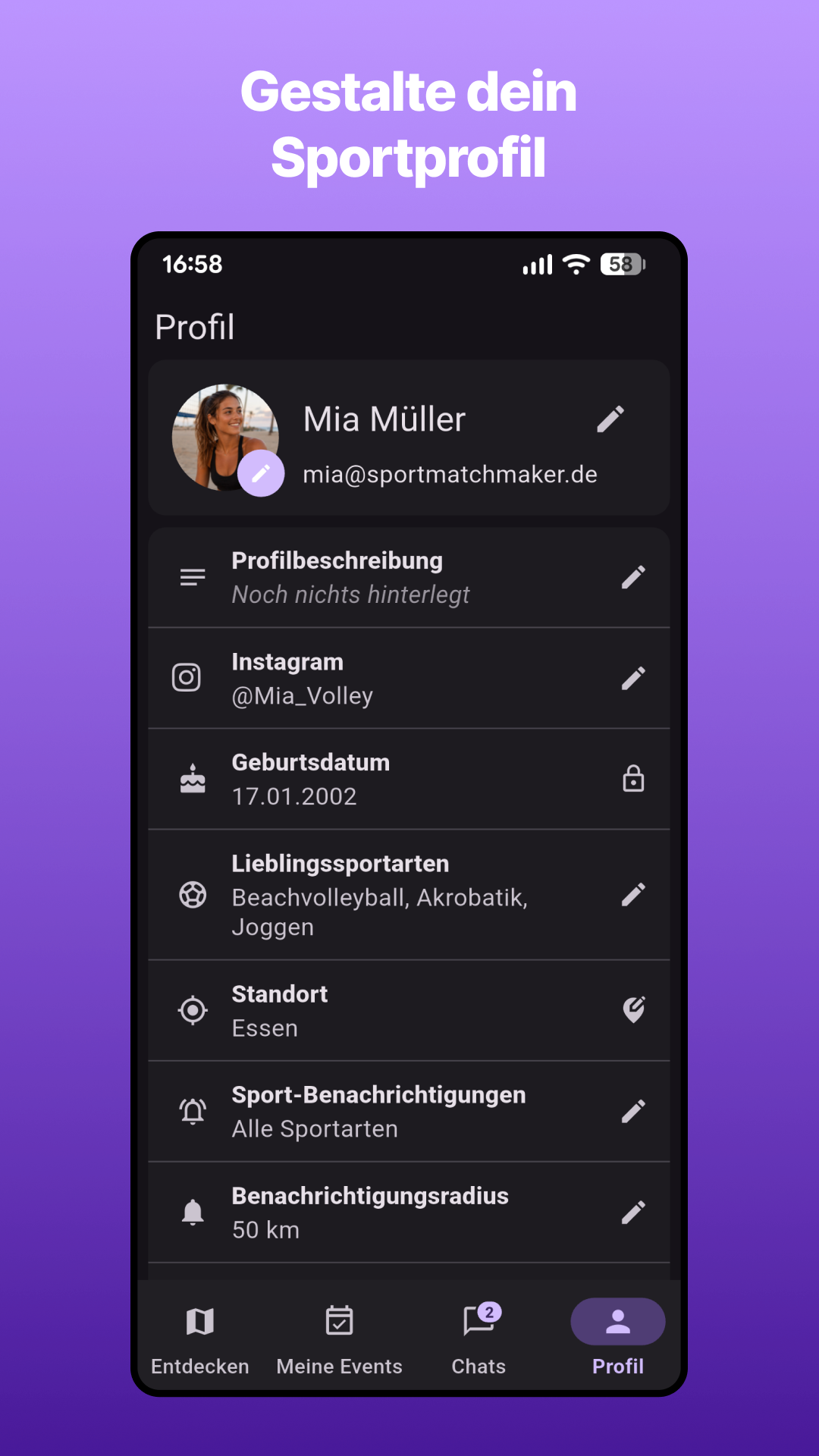 Sportprofil mit Profilbild, Lieblingssportarten und Benachrichtigungseinstellungen